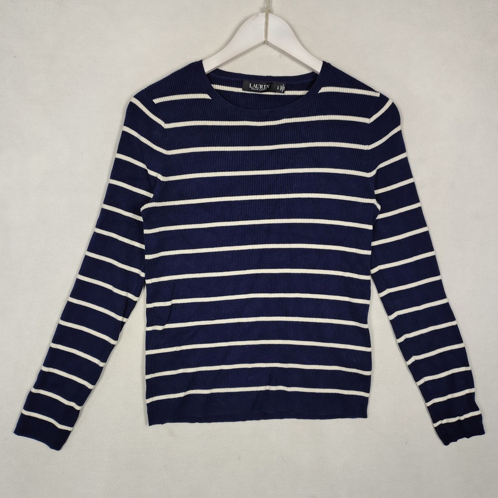 Lauren Ralph Lauren Navy Blue White Striped Ribbed Knit Sweater Large